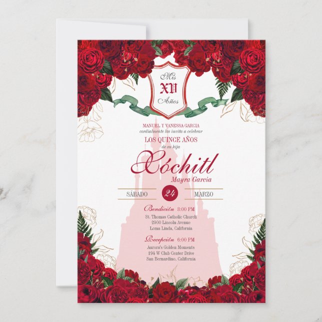 Red Roses Elegant Princess Royalty Quinceanera Invitation (Front)