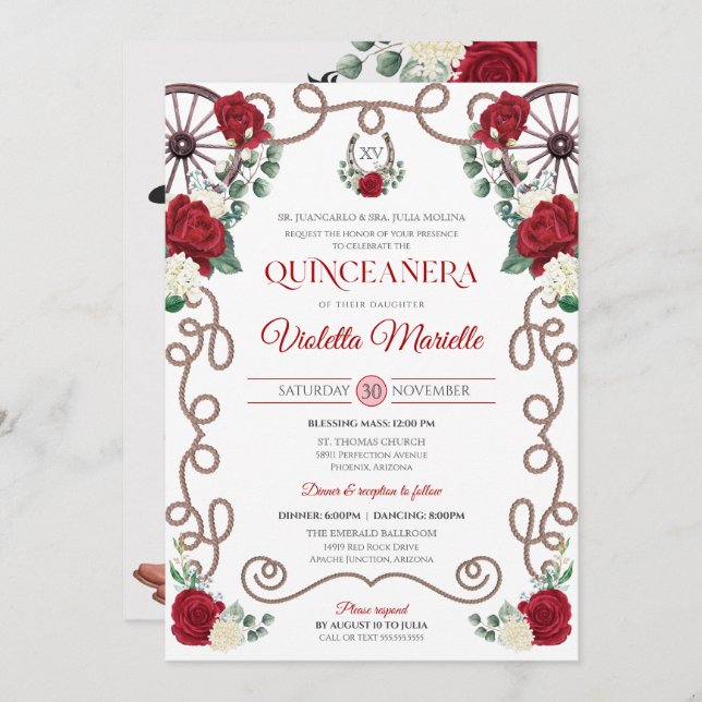 Red Roses Elegant Western Charro Quinceanera Invitation (Front/Back)