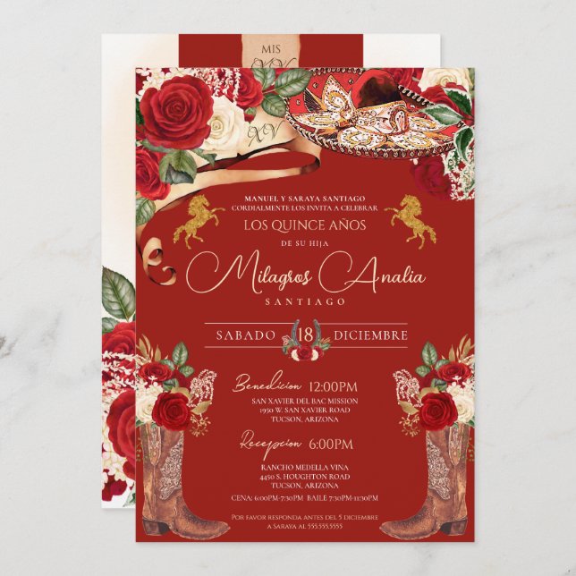 Red Roses Fancy Mariachi Charra Quinceanera Invitation (Front/Back)
