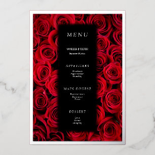 Red Roses Faux Silver Black Luxury Wedding Menu