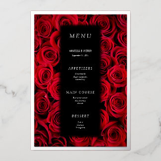 Red Roses Faux Silver Black Luxury Wedding Menu