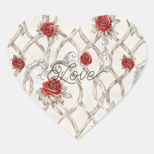 Red Roses Faux Wood Floral Love Heart Sticker (Front)