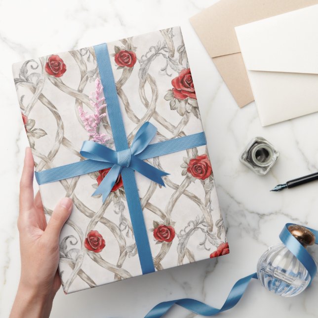 Red Roses Faux Wood Floral Love Wrapping Paper (Gifting)