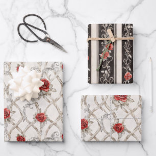 Red Roses Faux Wood Floral Wedding Wrapping Paper Sheet