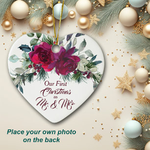 Red Roses First Christmas Photo Template Ceramic Ornament