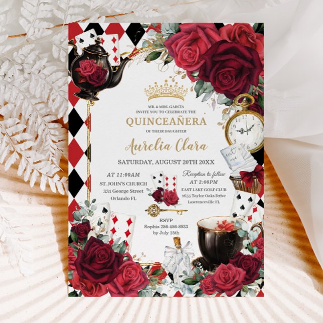 Red Roses Floral Alice in Wonderland Quinceañera  Invitation (Creator Uploaded)