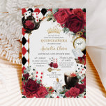 Red Roses Floral Alice in Wonderland Quinceañera  Invitation<br><div class="desc">Personalise this lovely quinceañera invitation with own wording easily and quickly,  simply press the customise it button to further re-arrange and format the style and placement of the text.  Matching items available in store!  (c) The Happy Cat Studio</div>