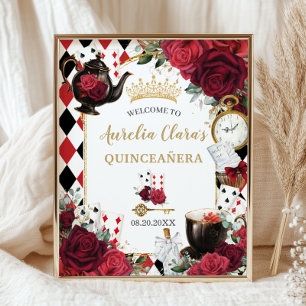 Red Roses Floral Alice in Wonderland Quinceañera Poster