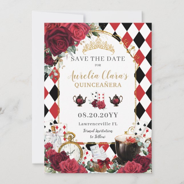 Red Roses Floral Alice in Wonderland Quinceañera Save The Date (Front)