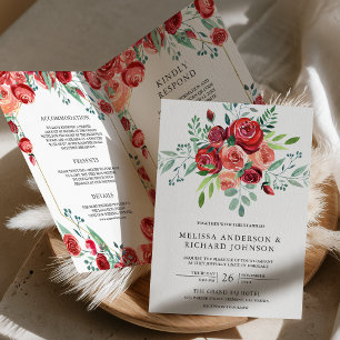 Red Roses Floral All in One QR Code Wedding Invitation