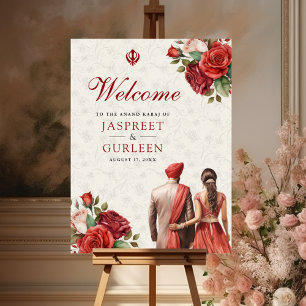 Red Roses Floral Anand Karaj Wedding Welcome Sign