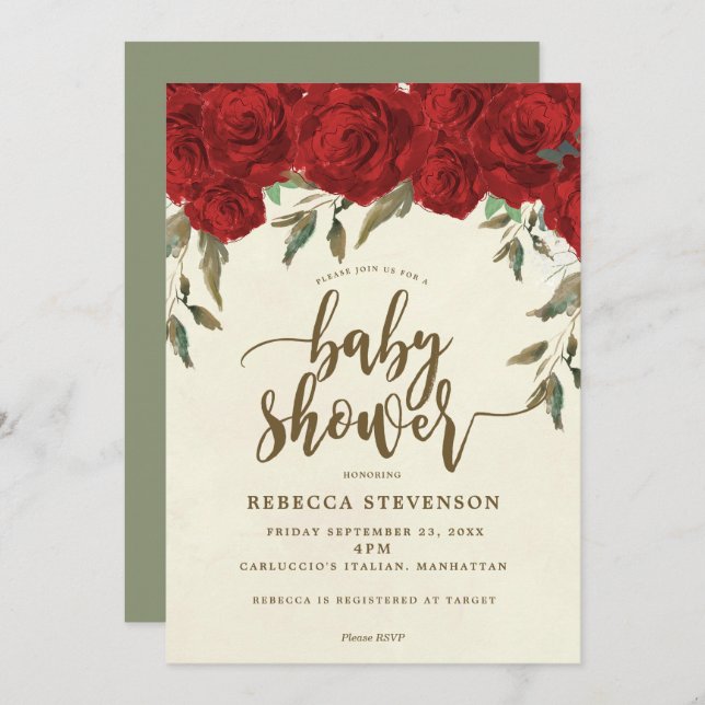 red roses floral baby shower invitation (Front/Back)