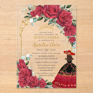 Red Roses Floral Black Charro Dress Quinceañera  Acrylic Invitations