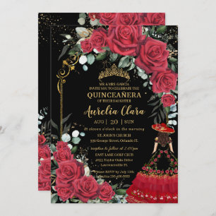 Red Roses Floral Black Charro Quinceañera  Invitation