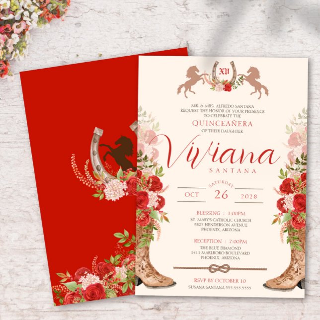 Red Roses Floral Boots Western Charra Quinceanera Invitation (Creator Uploaded)
