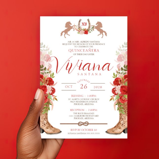 Red Roses Floral Boots Western Charra Quinceanera Invitation (Creator Uploaded)
