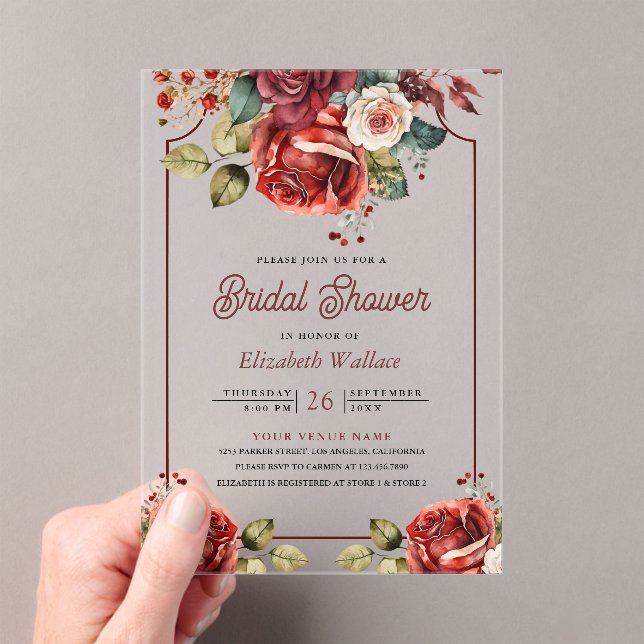 Red Roses Floral Bridal Shower Acrylic Invitations (Insitu (Handheld))