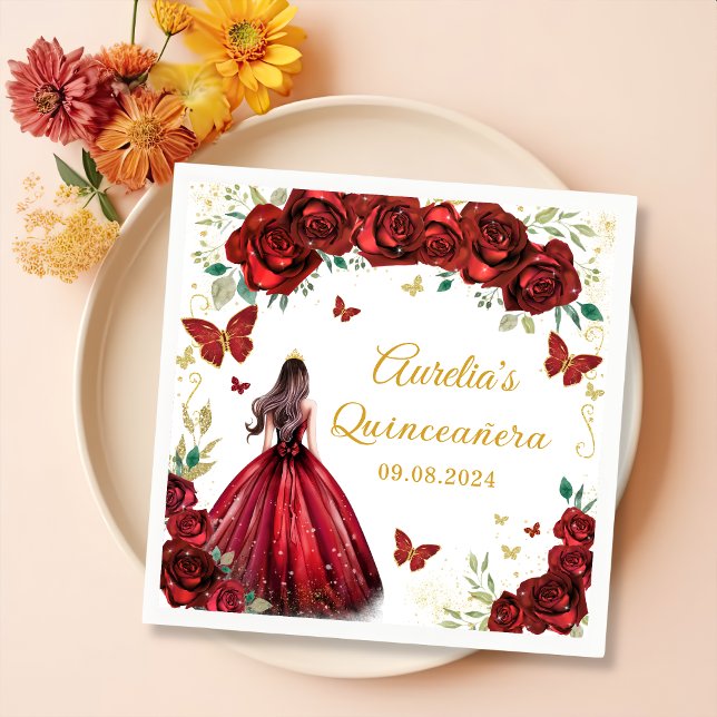 Red Roses Floral Butterflies Princess Quinceanera Napkin (Creator Uploaded)