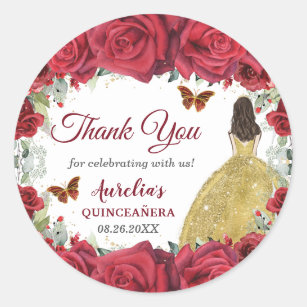 Red Roses Floral Butterflies Princess Yellow Dress Classic Round Sticker
