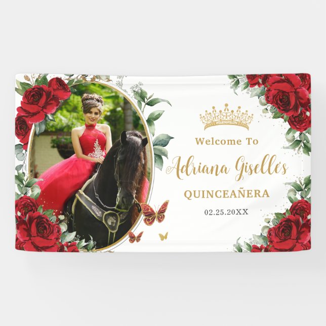 Red Roses Floral Butterflies Quinceanera Photo 15 Banner (Horizontal)