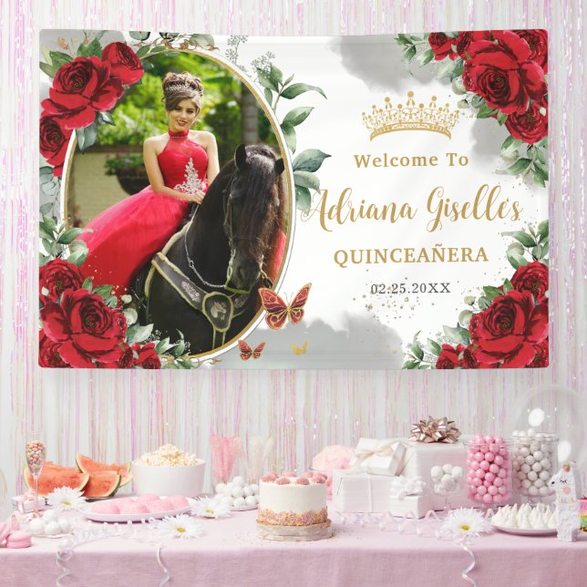 Red Roses Floral Butterflies Quinceañera Photo Banner (Party)