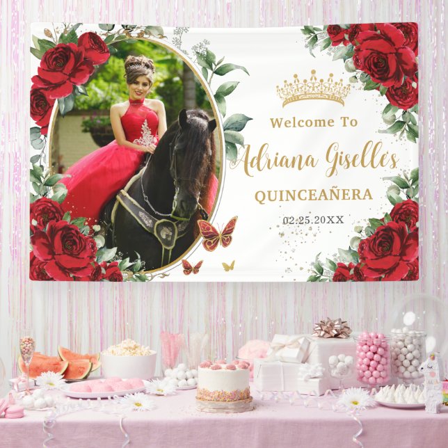 Red Roses Floral Butterflies Quinceañera Photo Banner (Party)