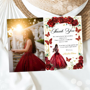 Red Roses Floral Butterflies Quinceañera Photo Thank You Card
