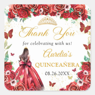 Red Roses Floral Butterflies Quinceañera Princess Square Sticker