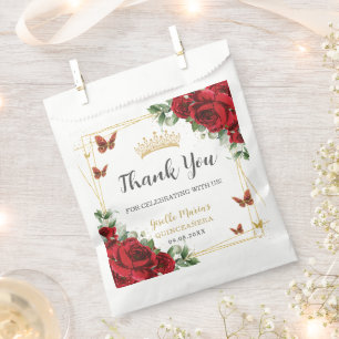 Red Roses Floral Butterflies Quinceanera Sweet 16 Favour Bag