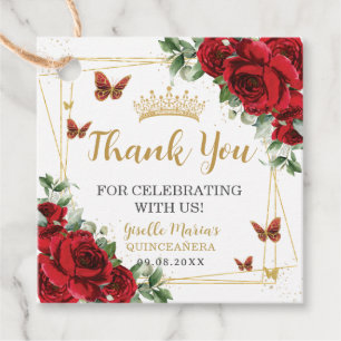Red Roses Floral Butterflies Quinceanera Sweet 16 Favour Tags