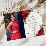 Red Roses Floral Butterflies Quinceañera Sweet 16  Invitation<br><div class="desc">Personalise this boho chic vibrant red floral Quinceañera / Sweet 16 birthday picture invitation easily and quickly. Simply click the customise it further button to edit the texts, change fonts and fonts colours. Featuring beautiful bright red roses and red and gold butterflies. Matching items available in store. (c) Somerset Fine...</div>