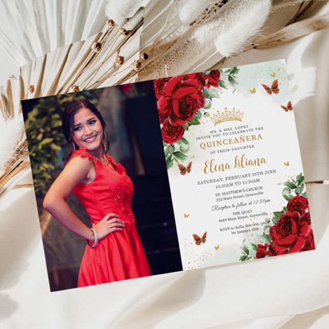 Red Roses Floral Butterflies Quinceañera Sweet 16  Invitation (Creator Uploaded)