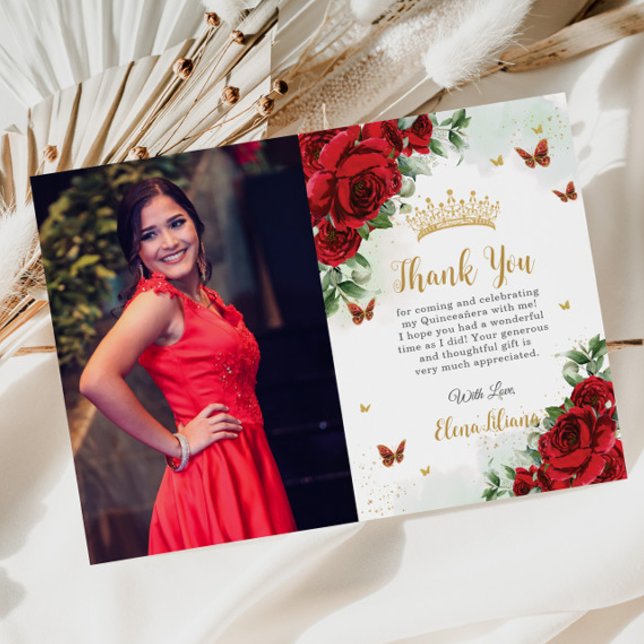 Red Roses Floral Butterflies Quinceañera Sweet 16  Thank You Card (Creator Uploaded)