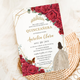 Red Roses Floral Champagne Dress Girl Quinceañera Invitation