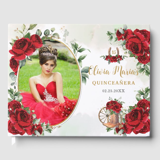 Red Roses Floral Charro Boots Quinceanera Photo Guest Book (Front)