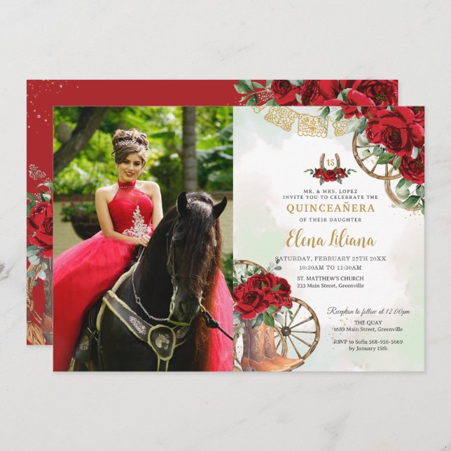 Red Roses Floral Charro Boots Quinceañera Picture Invitation (Front/Back)