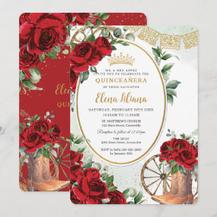 Red Roses Floral Charro Boots Quinceañera Sweet 16 Invitation