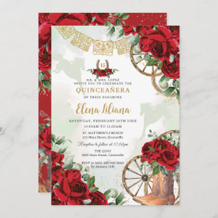 Red Roses Floral Charro Boots Sweet 16 Quinceañera Invitation