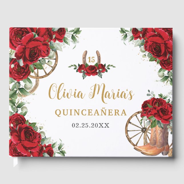Red Roses Floral Charro Cowboy Boots Quinceanera Guest Book (Front)