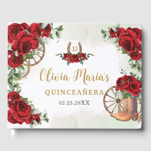 Red Roses Floral Charro Cowboy Boots Quinceanera Guest Book