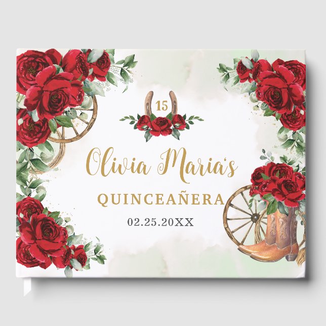 Red Roses Floral Charro Cowboy Boots Quinceanera Guest Book (Front)