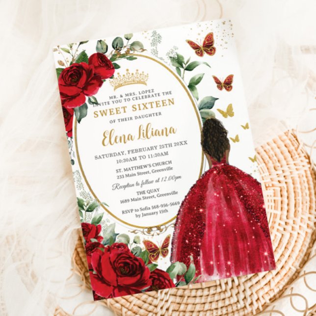 Red Roses Floral Dress Gold Quinceañera Sweet 16 Invitation (Creator Uploaded)