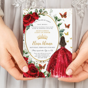 Red Roses Floral Dress Quinceañera Dama Request Invitation