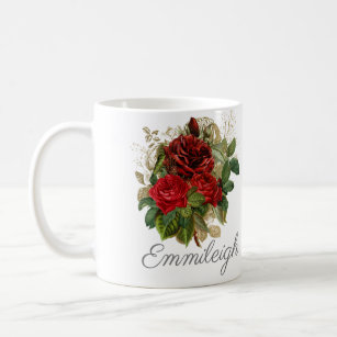Red Roses Floral Elegant Vintage Name Coffee Mug