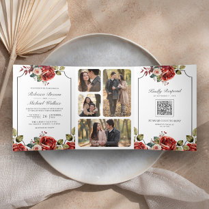 Red Roses Floral Frame All in One QR Code Wedding Tri-Fold Invitation