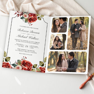 Red Roses Floral Frame Photo QR Code Wedding Invitation