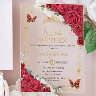 Red Roses Floral Gold Butterflies Sweet Sixteen Acrylic Invitations