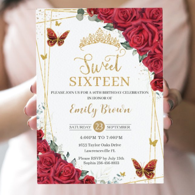 Red Roses Floral Gold Butterflies Sweet Sixteen Invitation (Creator Uploaded)