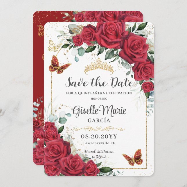 Red Roses Floral Gold Quinceañera Butterflies Arch Save The Date (Front/Back)