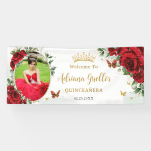 Red Roses Floral Gold Quinceañera Photo Backdrop Banner
